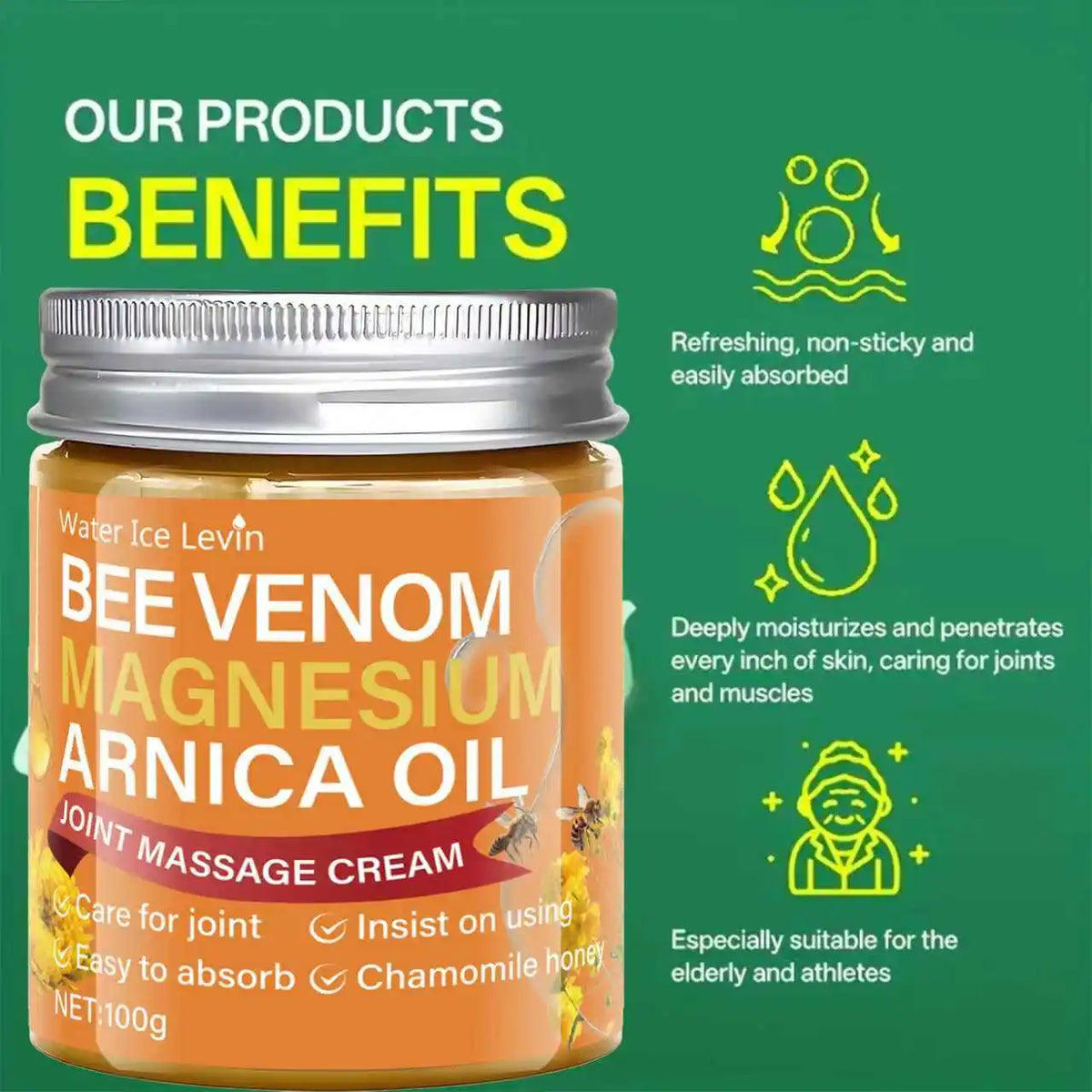 Water Ice Levin Bee Venom Magnesium Arnica Oil Joint Massage Cream, Light Texture, Moisturizes & Protects, Easy Absorption, 55g
